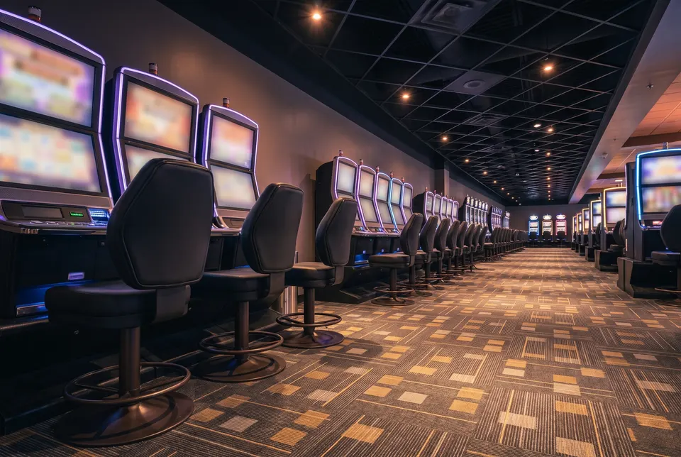 Long aisle between slot machines late at night