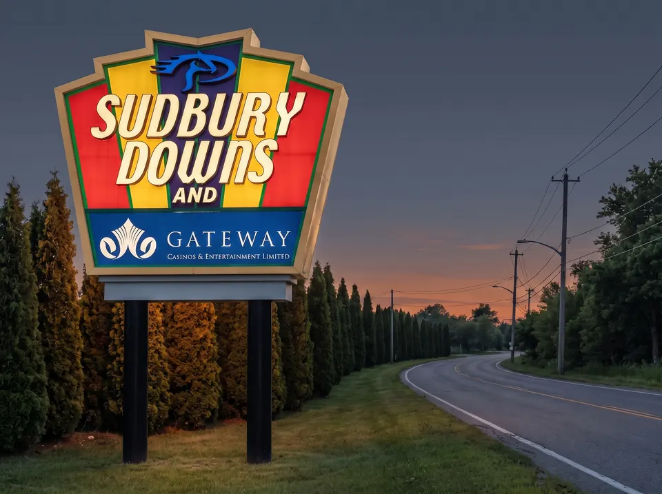 Sudbury Downs and Gateway sign on Bonin Road at dusk